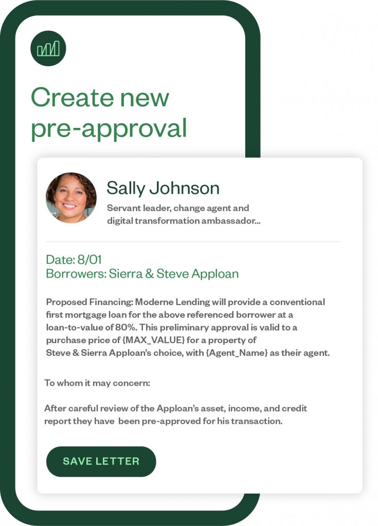 Stylized screenshot of the Maxwell app showing Create new pre-approval with the loan officer's name and information.